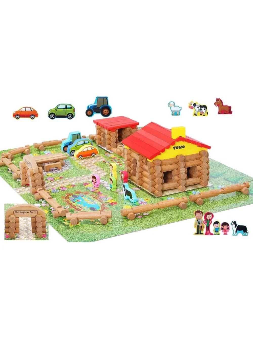 Wooden Log Building Set - 207-Piece Farmhouse Construction Toy for Kids